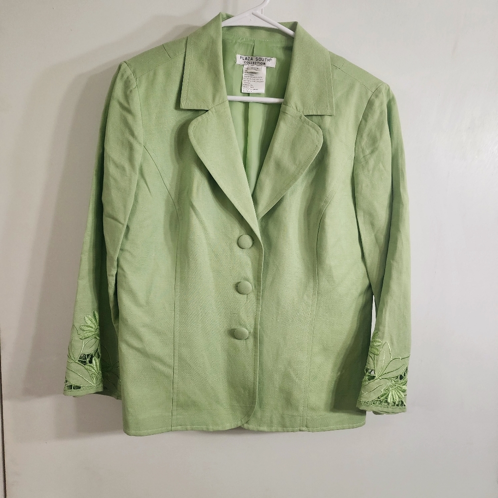 Plaza South Collection Green Blazer with floral cutouts